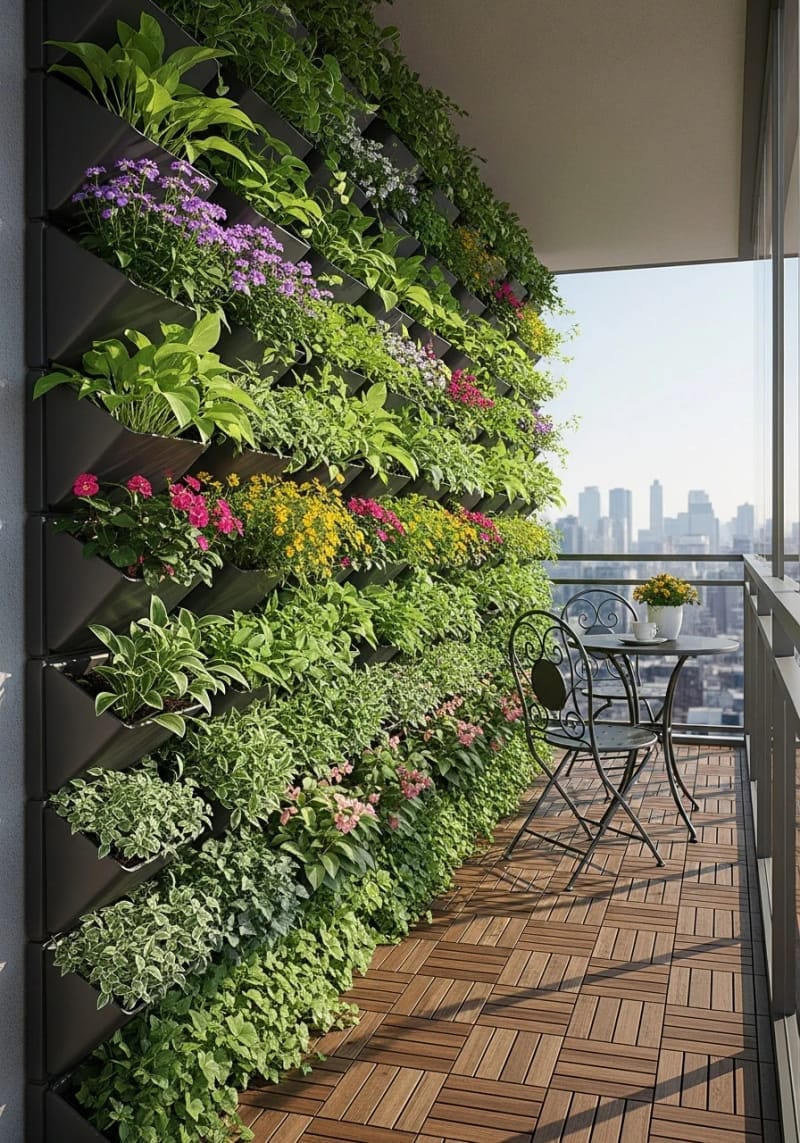 create a lush wall of vertical planters with cascading greenery and flowers 1