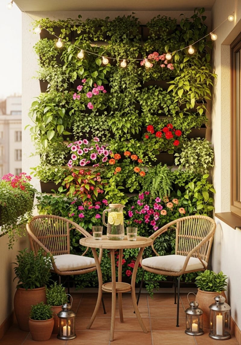 create a lush wall of vertical planters with cascading greenery and flowers 1