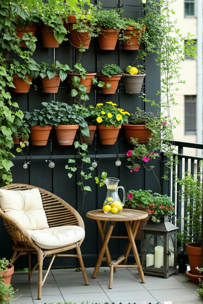 create a lush wall of vertical planters with cascading greenery and flowers 1