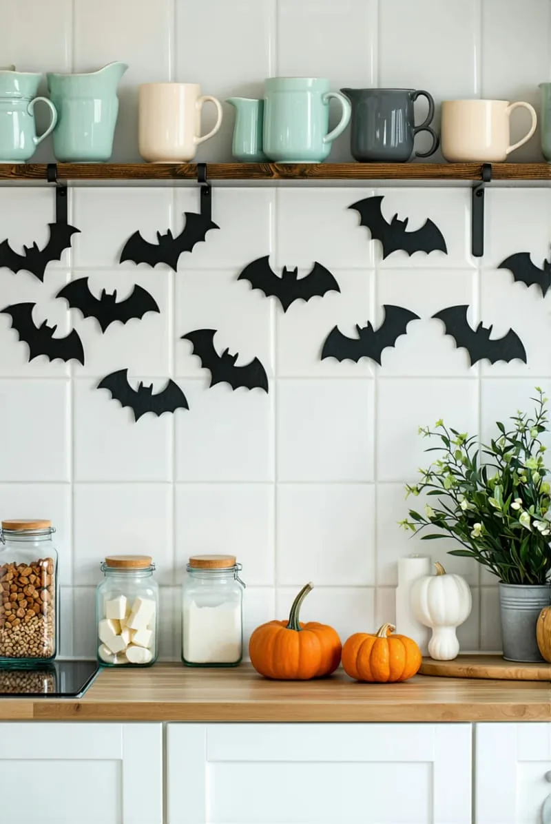 creepy-cute bat garland draped along kitchen shelves 1