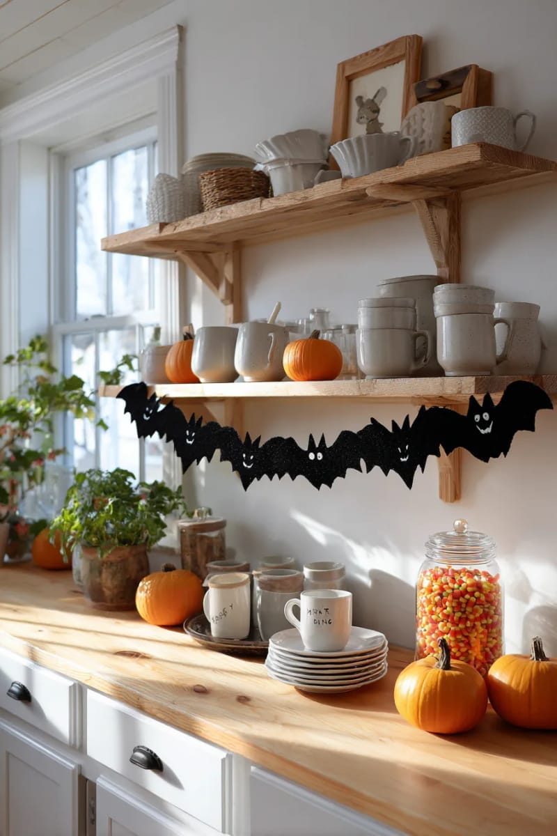 21 Simple Halloween Decorations for an Easy Seasonal Touch 112 creepy-cute bat garland draped along kitchen shelves 1