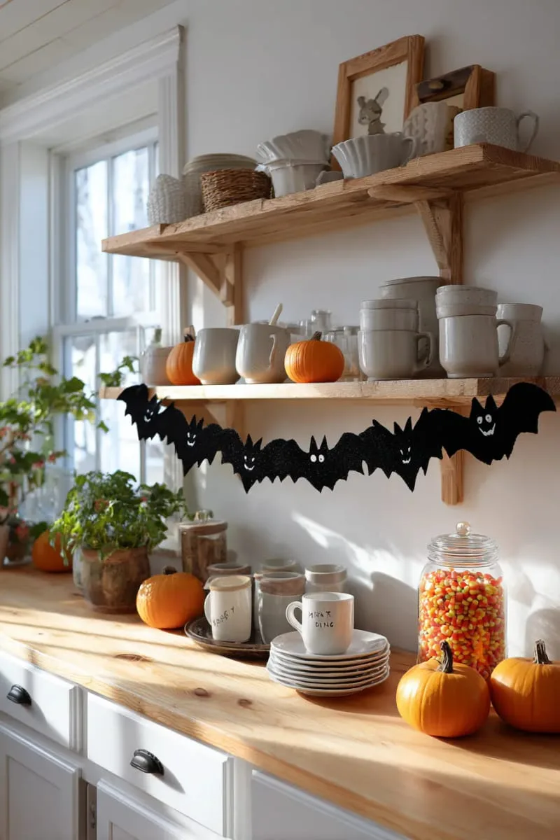 creepy-cute bat garland draped along kitchen shelves 1