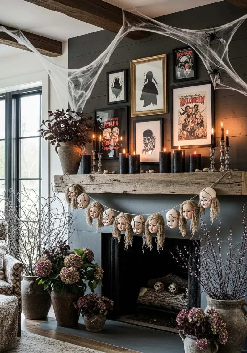 creepy doll head garland strung across fireplace mantel 1