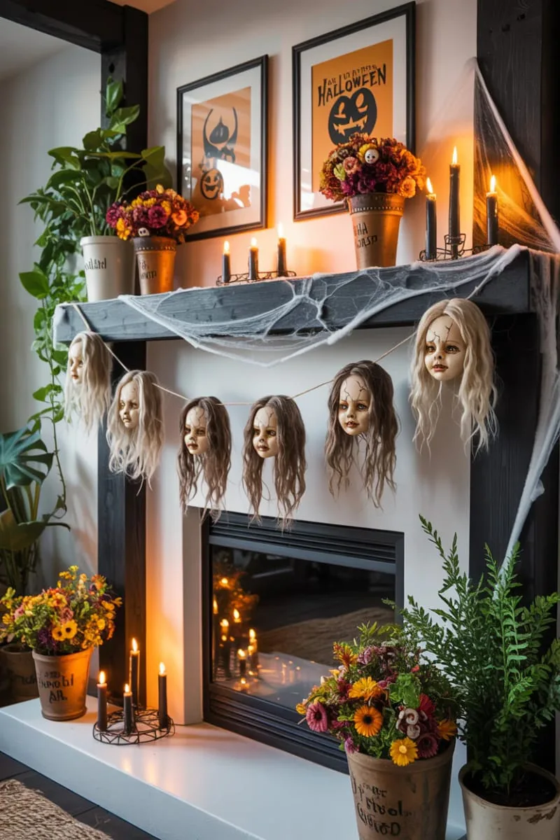 creepy doll head garland strung across fireplace mantel 1