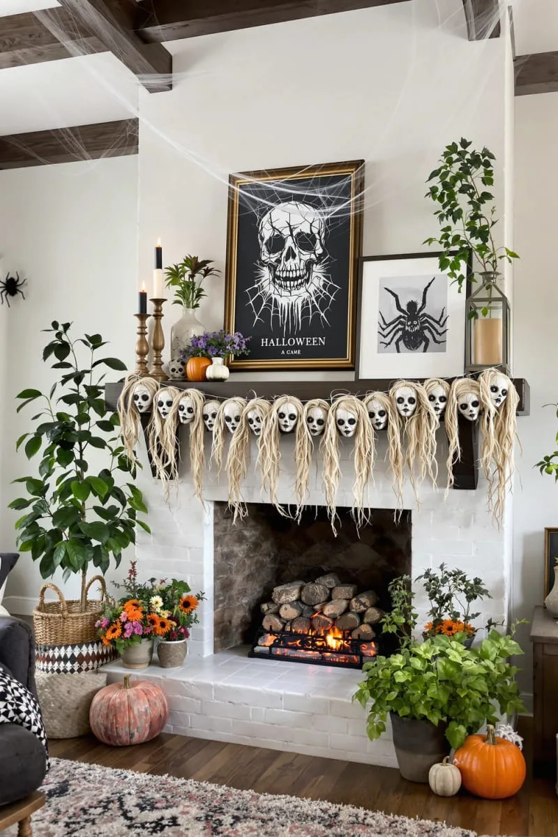 creepy doll head garland strung across fireplace mantel 1