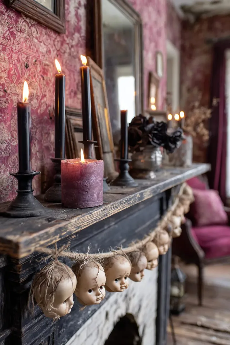 creepy doll head garland strung across mantels and doorways 1