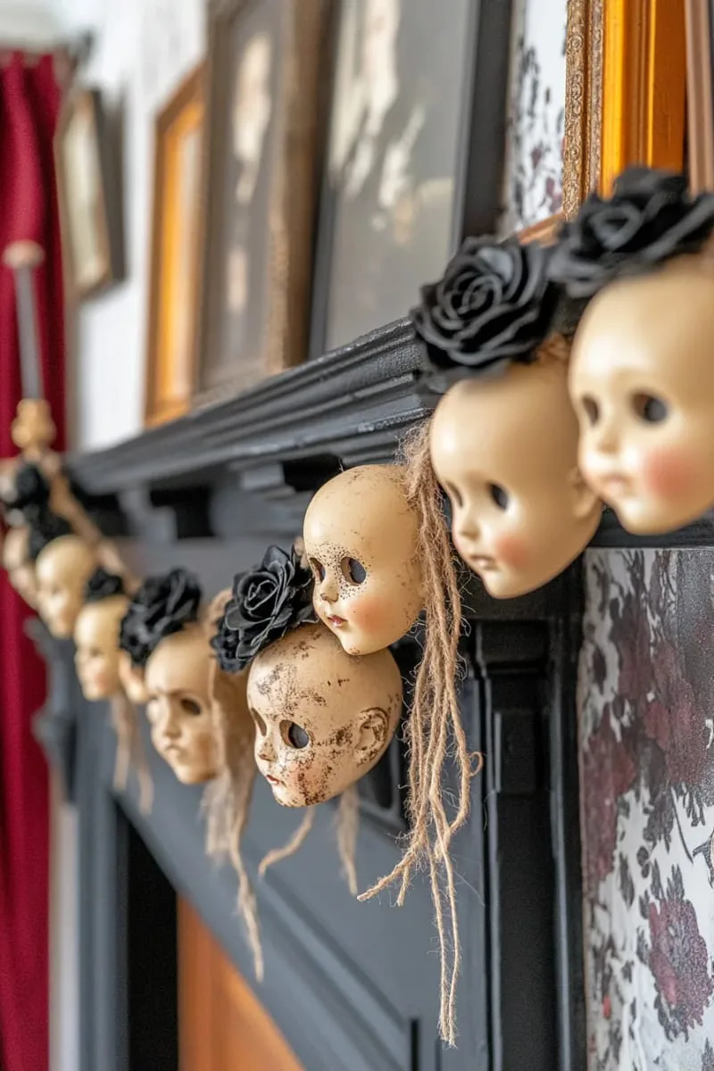 creepy doll head garland strung across mantels and doorways 1