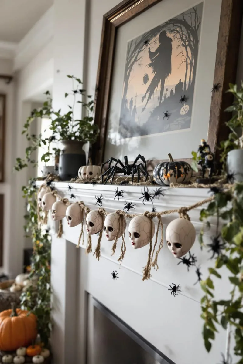 creepy doll head garland strung across mantels and doorways 1