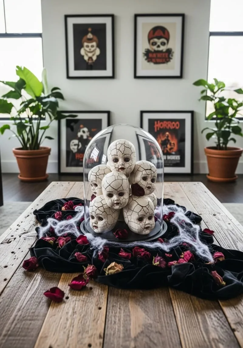 creepy doll heads arranged in a glass display dome centerpiece 1