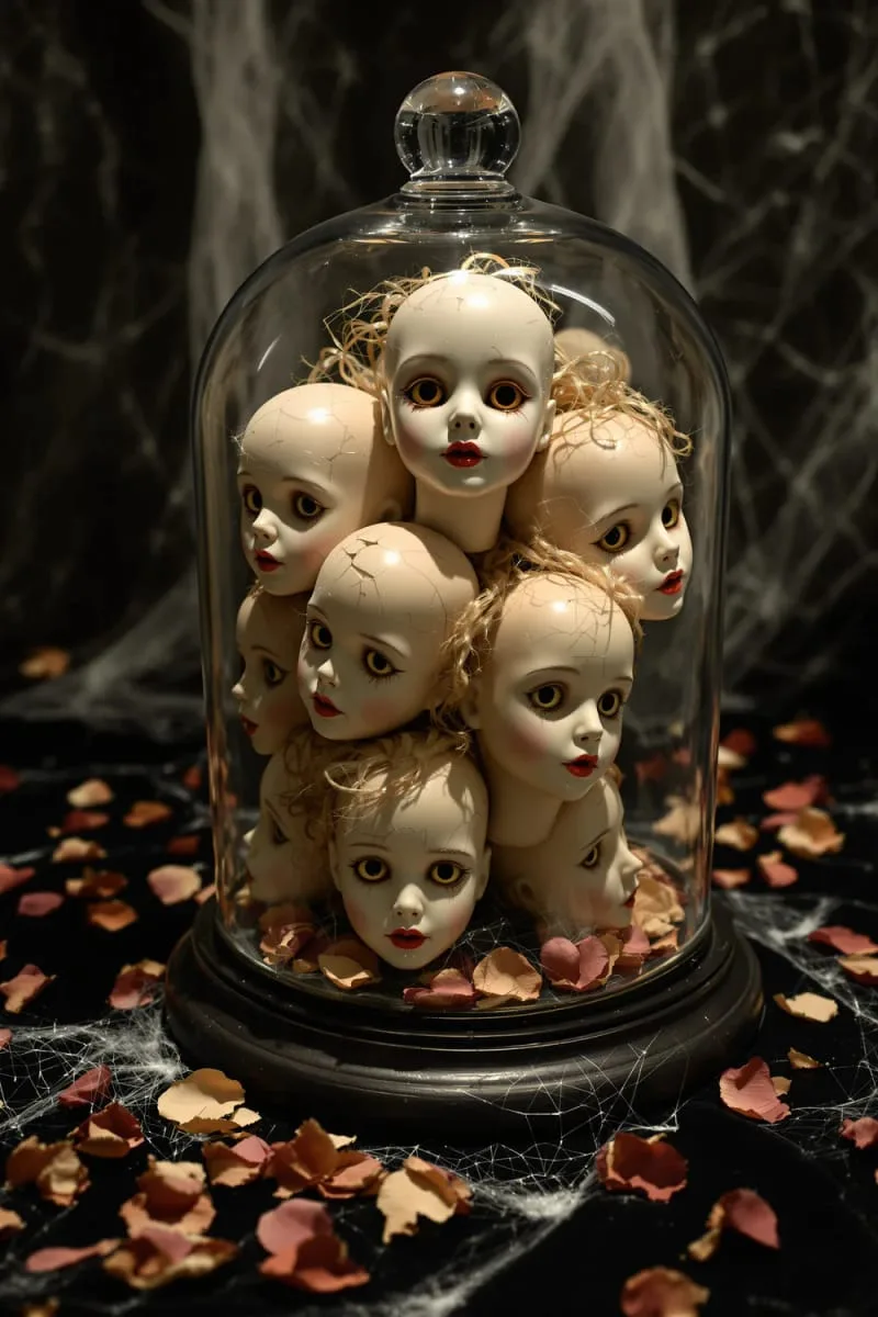 creepy doll heads arranged in a glass display dome centerpiece 1