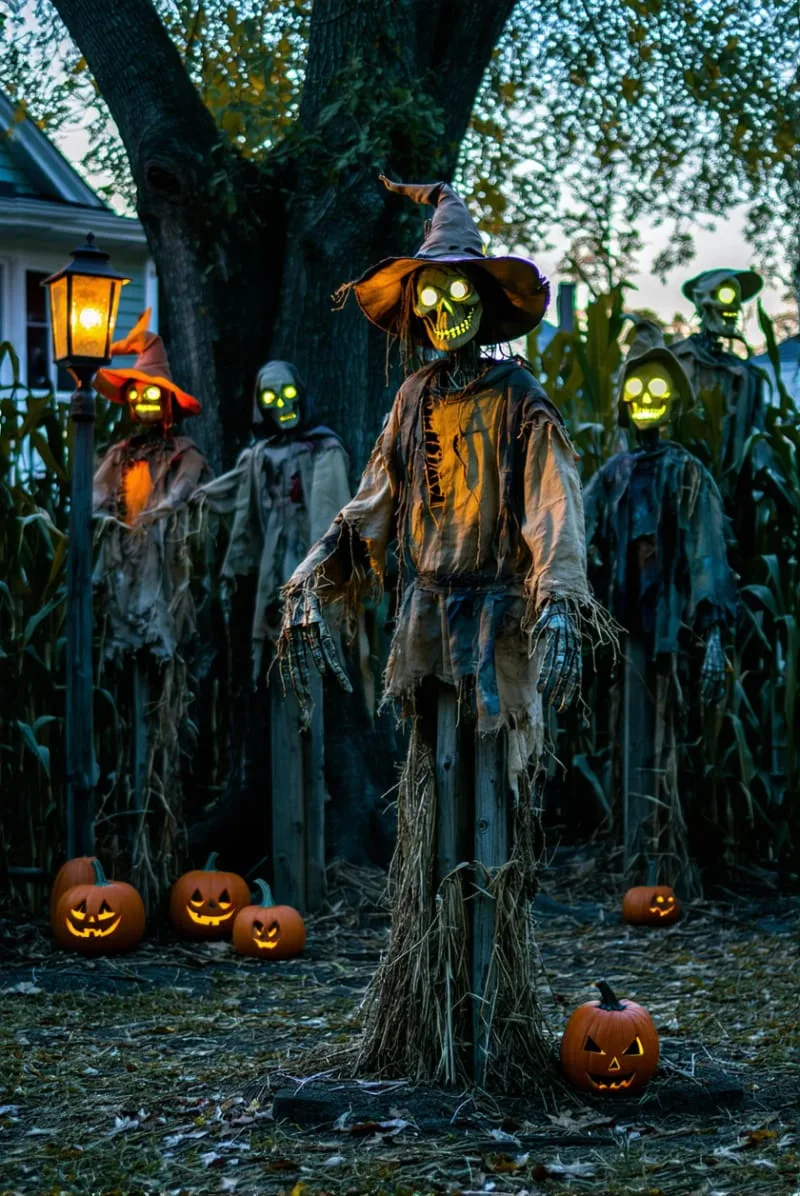 21 Unique Outdoor Halloween Decorations to Try This Year 41 creepy scarecrow scare zone with tattered hats and glowing eyes 1