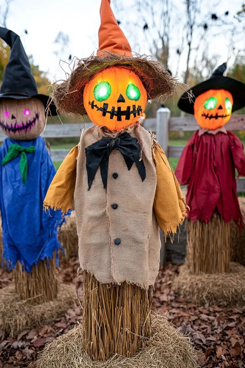 21 Unique Outdoor Halloween Decorations to Try This Year 42 creepy scarecrow scare zone with tattered hats and glowing eyes 1