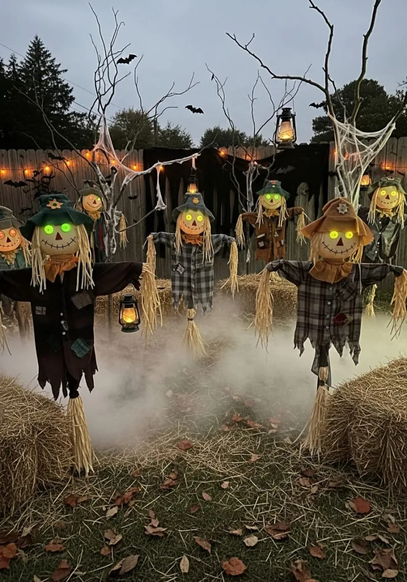 21 Unique Outdoor Halloween Decorations to Try This Year 43 creepy scarecrow scare zone with tattered hats and glowing eyes 1