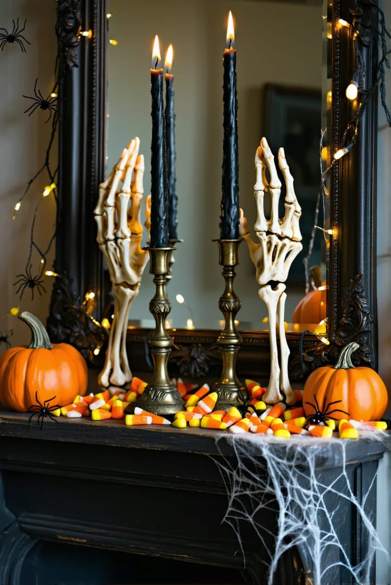 creepy skeleton hands holding candles, surrounded by scattered candy corn 1