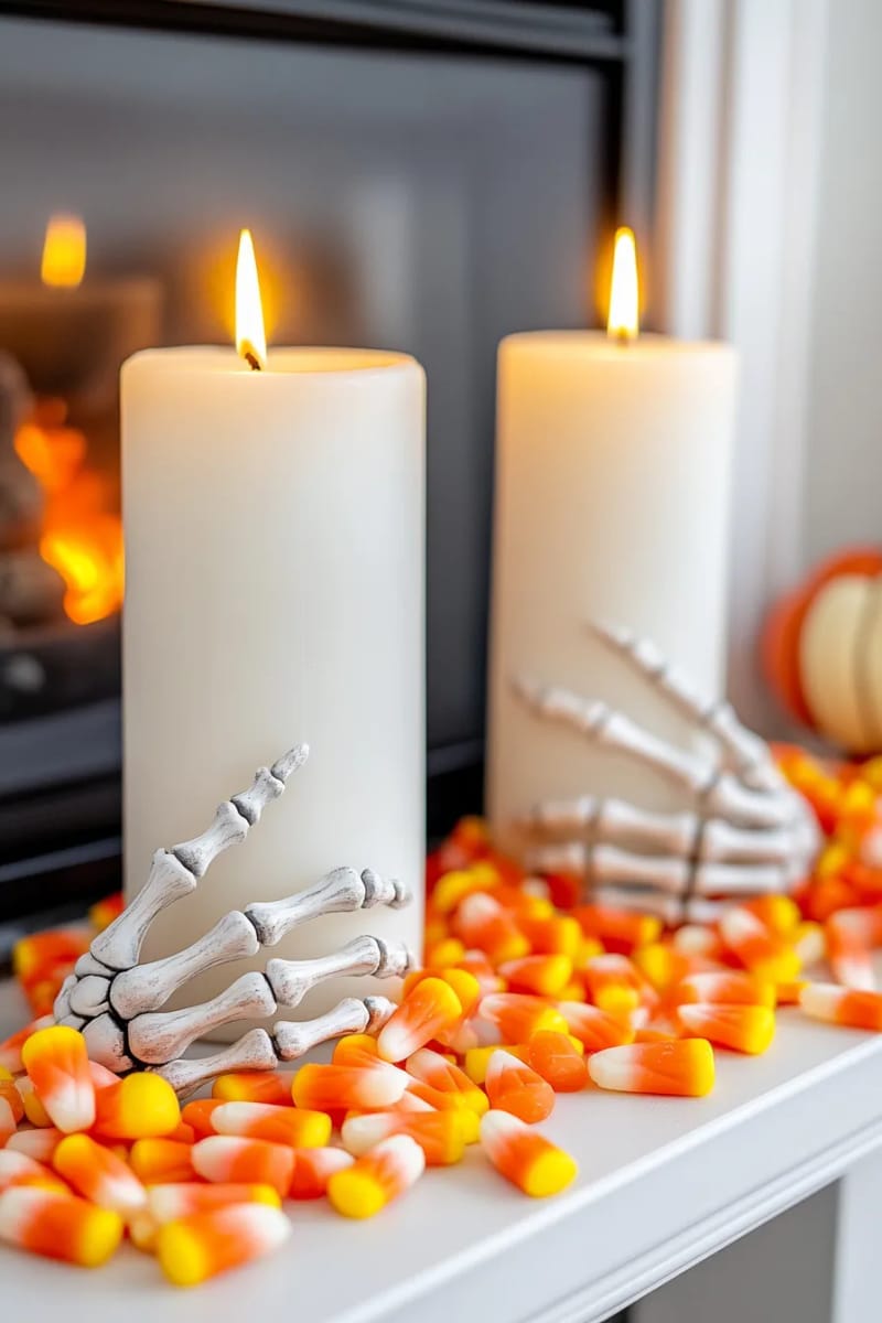 creepy skeleton hands holding candles, surrounded by scattered candy corn 1