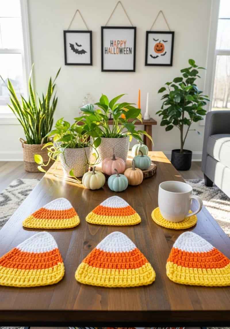crochet candy corn coasters for coffee tables 1