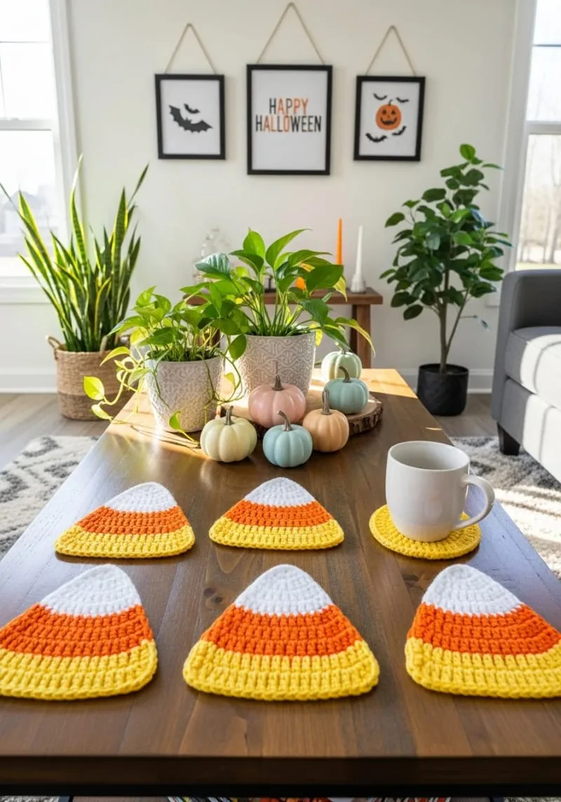 crochet candy corn coasters for coffee tables 1