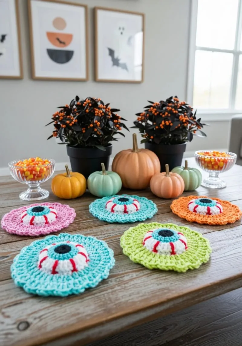 crochet eyeball coasters in cheerful colors 1