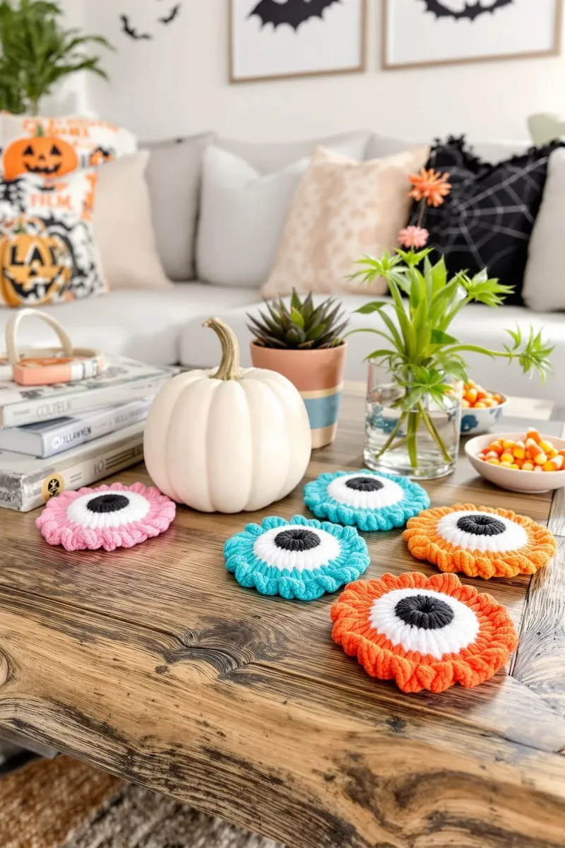 crochet eyeball coasters in cheerful colors 1