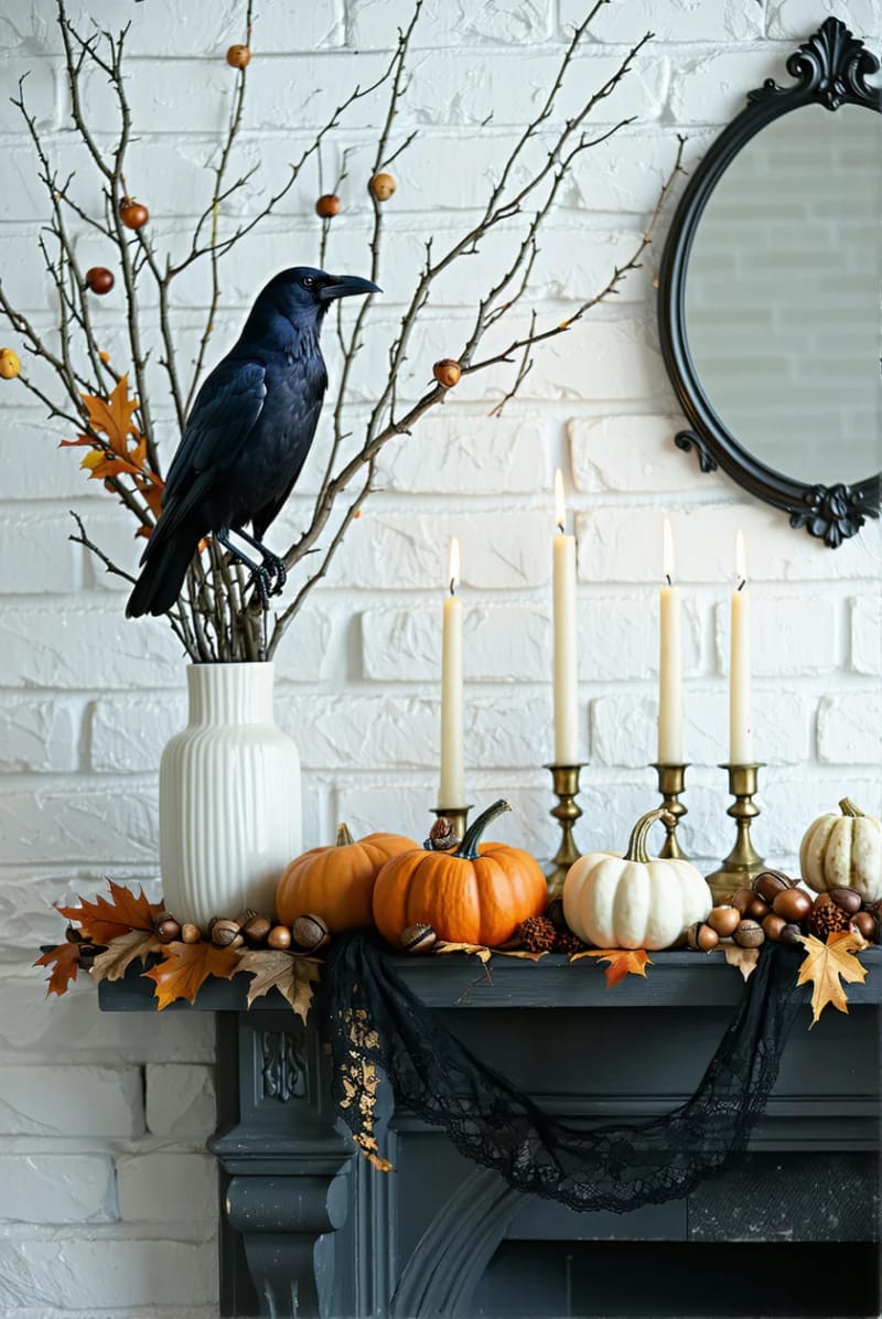 crow perched on bare branches in a white vase, surrounded by mini pumpkins 1