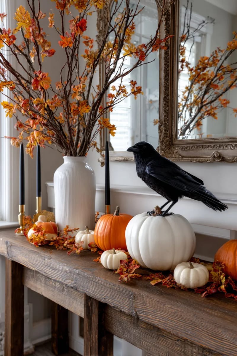 crow perched on bare branches in a white vase, surrounded by mini pumpkins 1