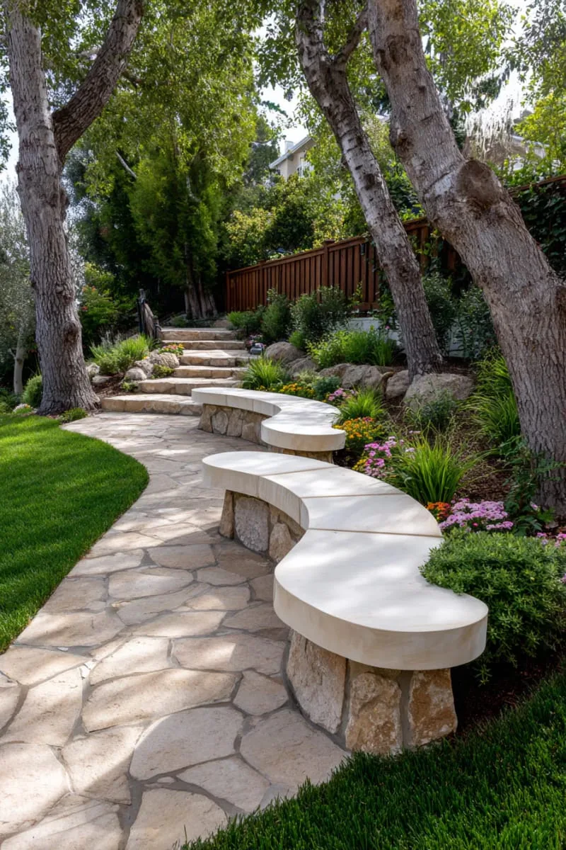 curved seating benches following the slope’s natural contour 1