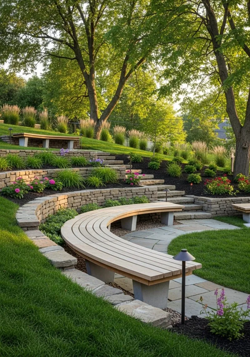 curved seating benches following the slope’s natural contour 1