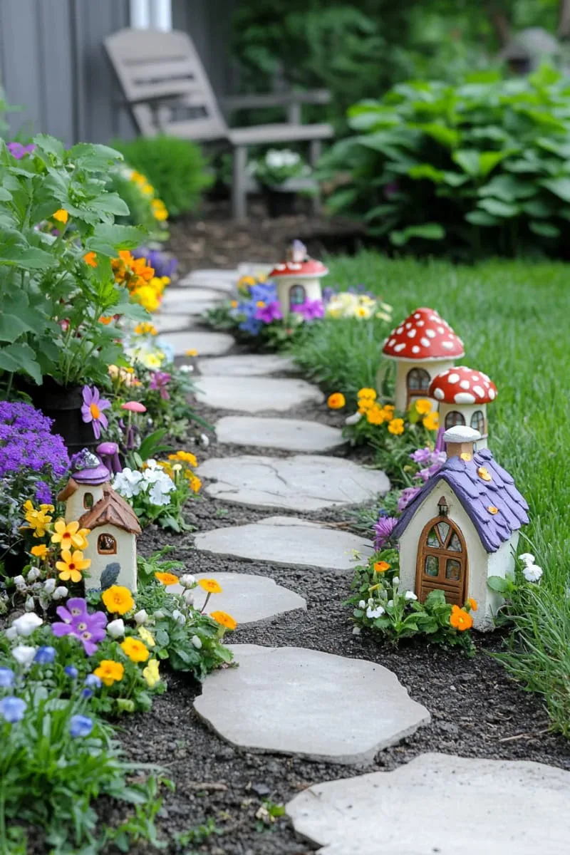 27 New Small Backyard Designs to Copy For Your Outdoor Space 11 curved stone pathway with miniature fairy garden corners 1