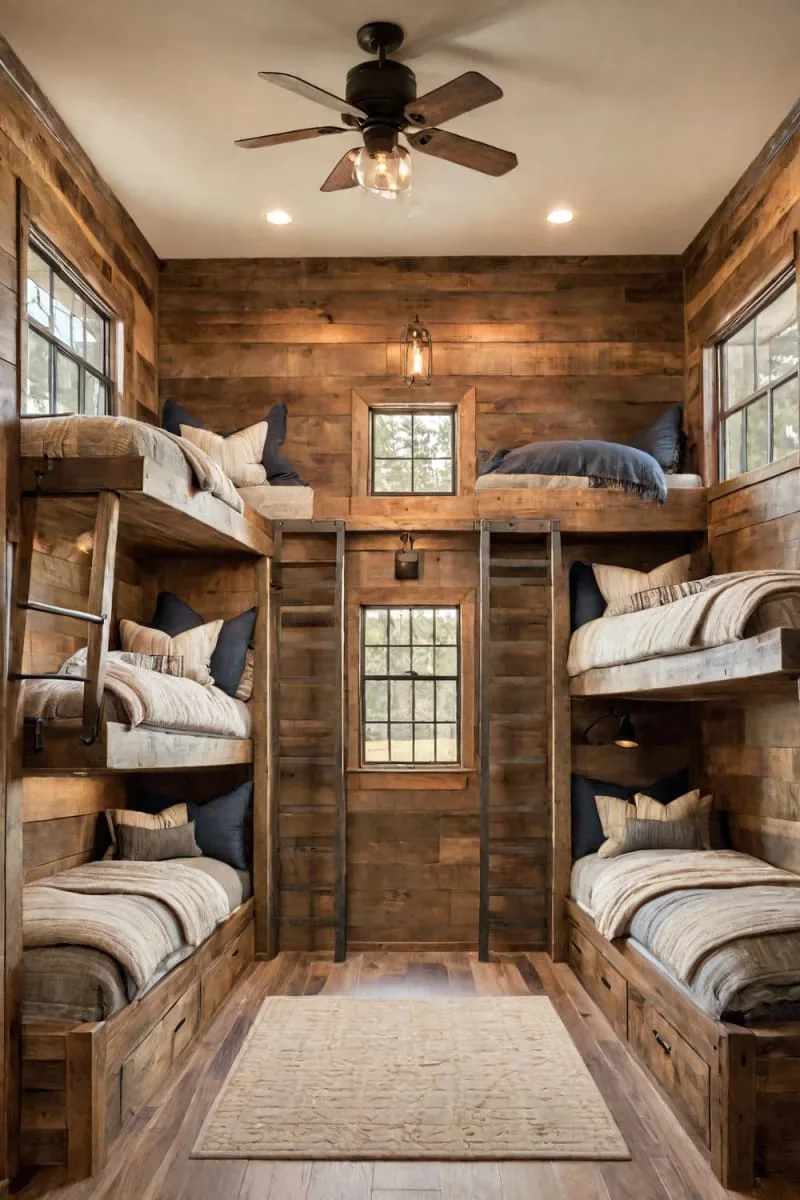 29 Unique Barndominium Interiors For Your Next Makeover 51 custom bunk beds built into a nook with barn ladder access 1