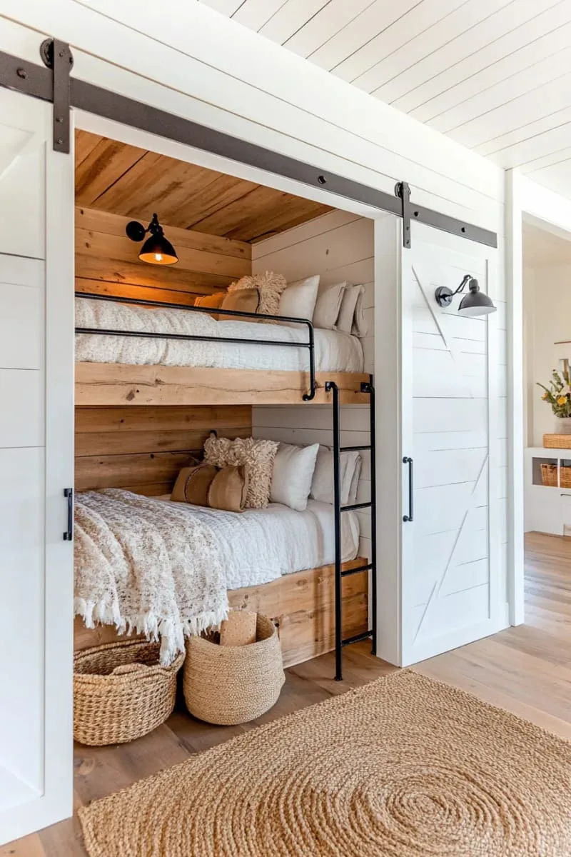29 Unique Barndominium Interiors For Your Next Makeover 52 custom bunk beds built into a nook with barn ladder access 1