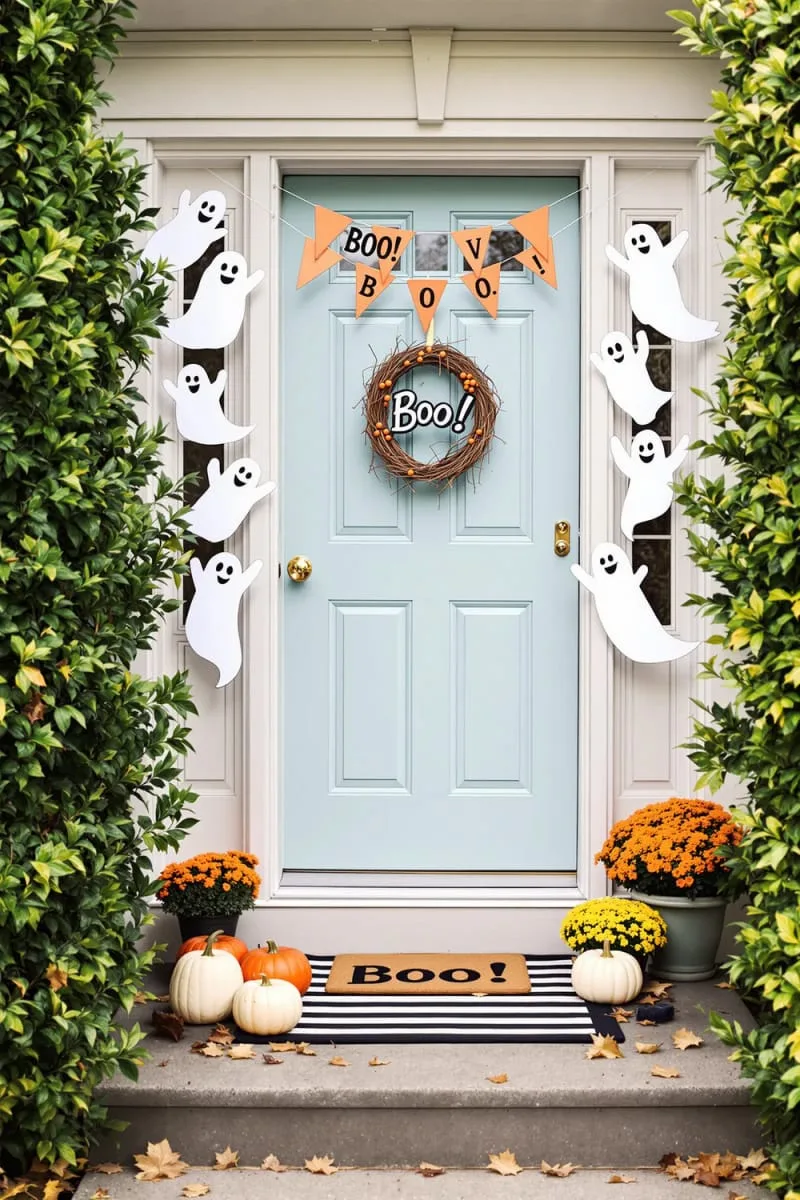 21 Creative Halloween Door Decorations: Ideas for a Festive Welcome 98 cute ghost cutouts and “boo!” bunting for a not-so-spooky entrance 1