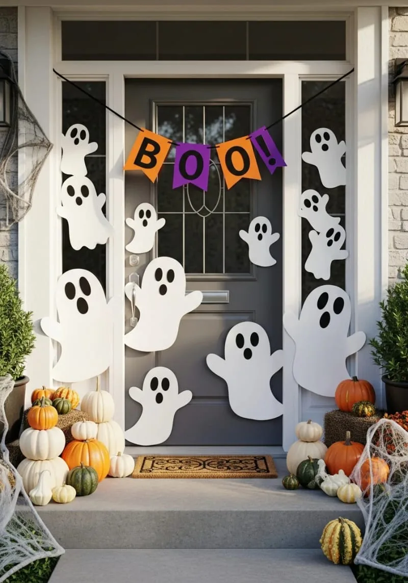 21 Creative Halloween Door Decorations: Ideas for a Festive Welcome 99 cute ghost cutouts and “boo!” bunting for a not-so-spooky entrance 1