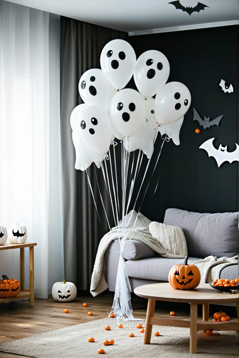 21 Simple Halloween Decorations for an Easy Seasonal Touch 81 cute ghost faces drawn on white balloons floating in the living room 1