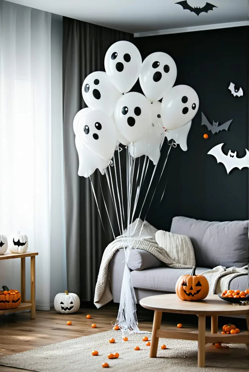 cute ghost faces drawn on white balloons floating in the living room 1