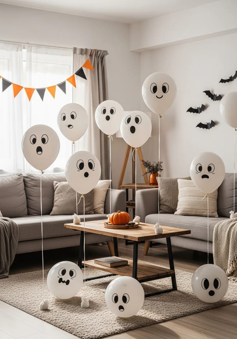 21 Simple Halloween Decorations for an Easy Seasonal Touch 82 cute ghost faces drawn on white balloons floating in the living room 1