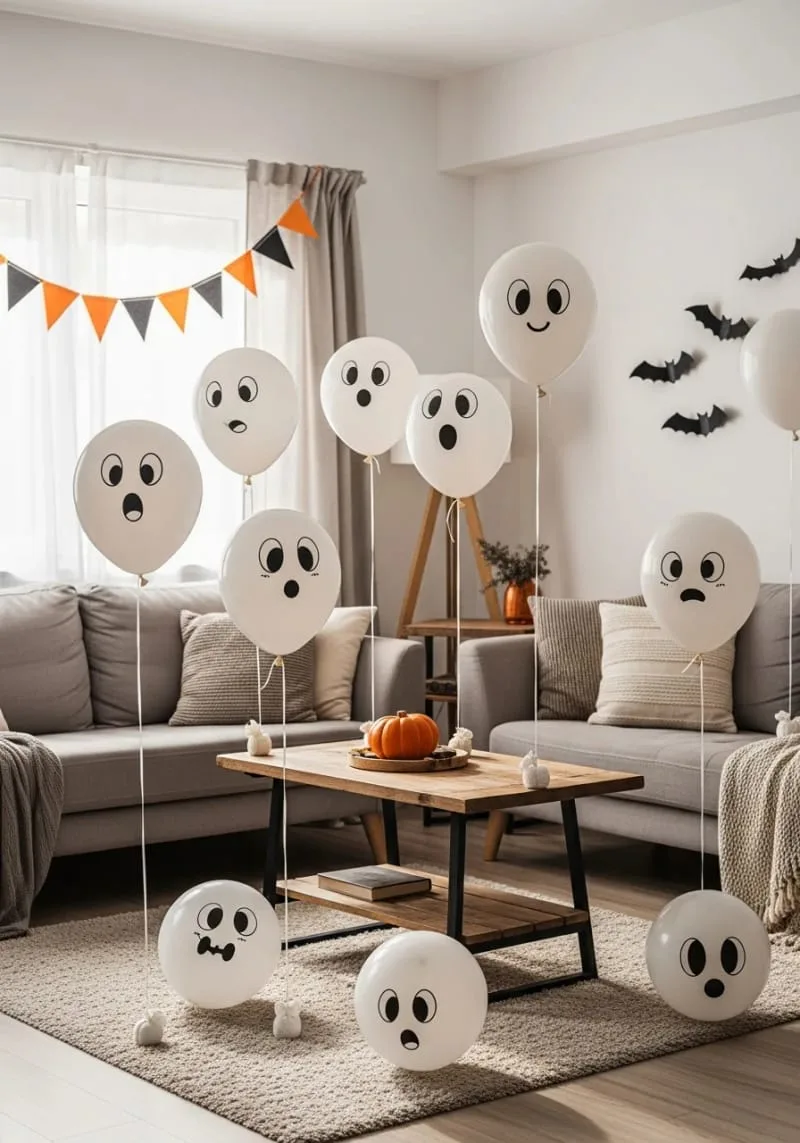 cute ghost faces drawn on white balloons floating in the living room 1