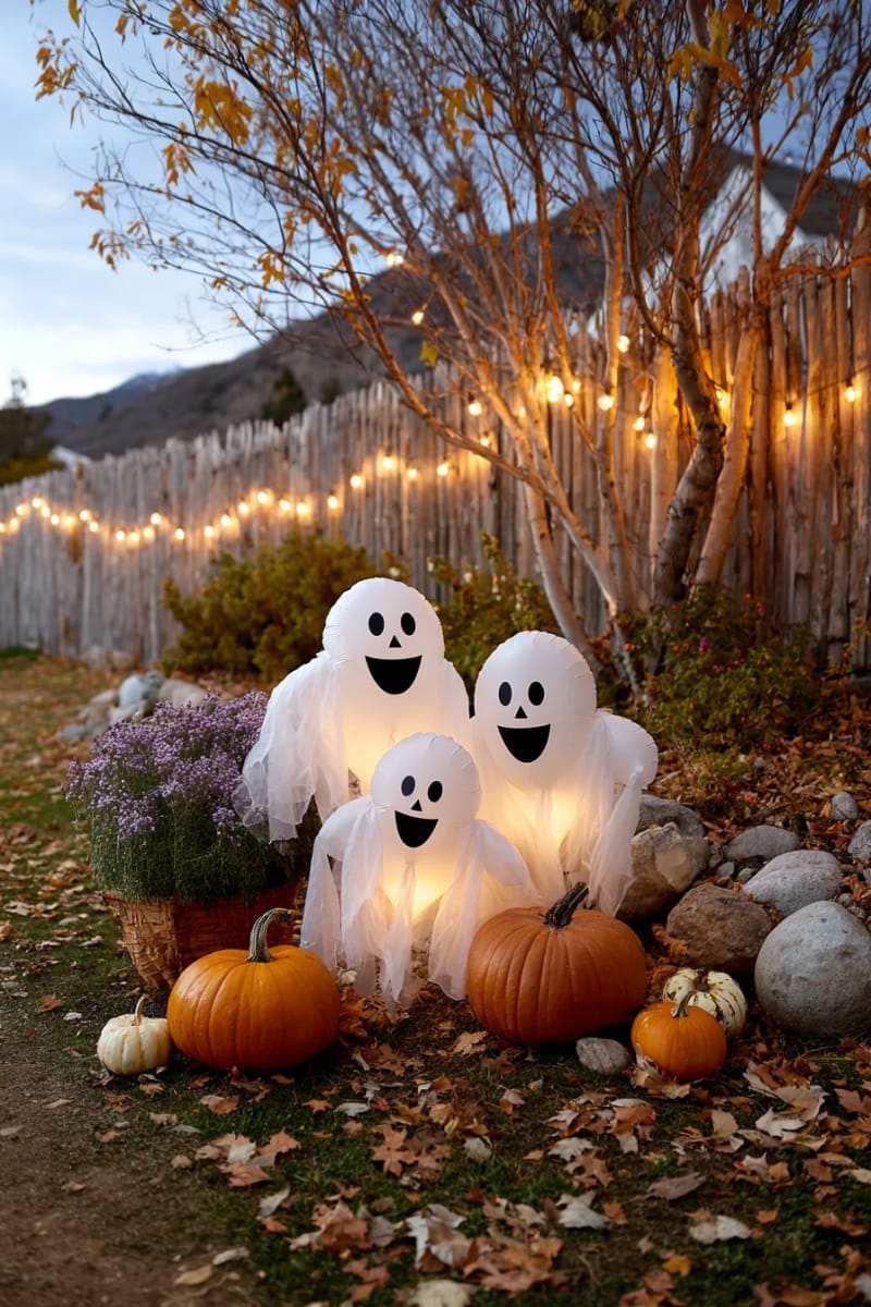 21 Unique Outdoor Halloween Decorations to Try This Year 97 cute ghost family made from fabric and glowing balloons 1