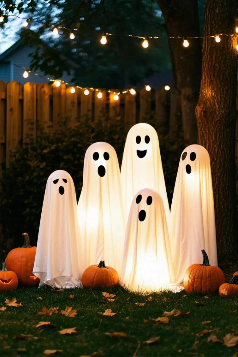 21 Unique Outdoor Halloween Decorations to Try This Year 99 cute ghost family made from fabric and glowing balloons 1