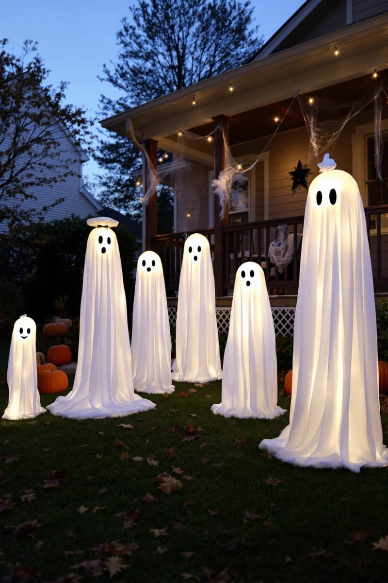 21 Unique Outdoor Halloween Decorations to Try This Year 101 cute ghost family made from fabric and glowing balloons 1