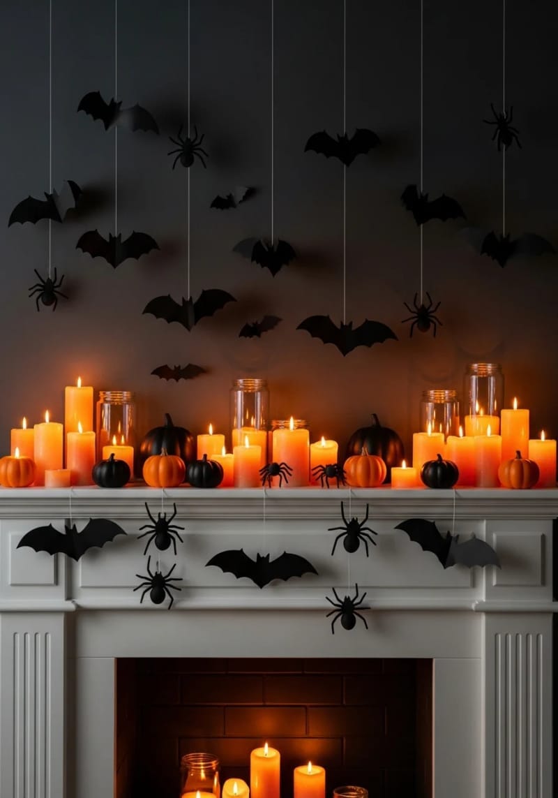 dangling paper bats and spiders, orange candles glowing in glass jars 1