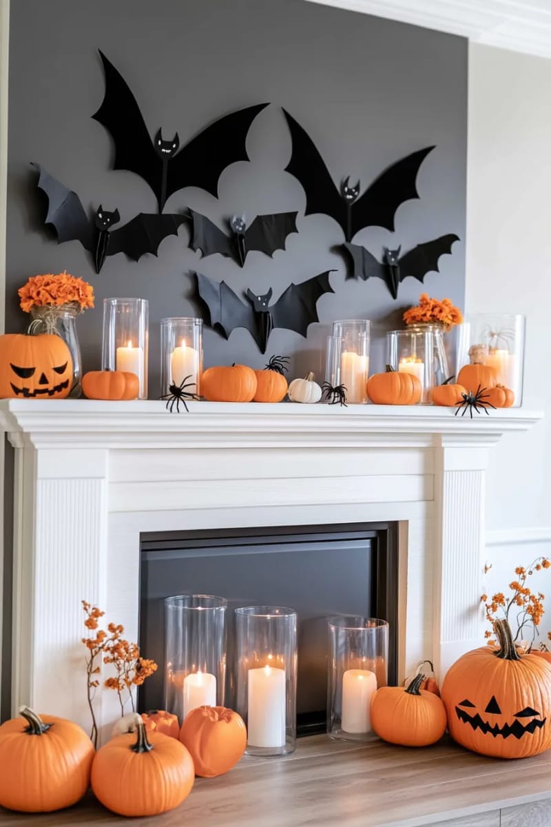 dangling paper bats and spiders, orange candles glowing in glass jars 1