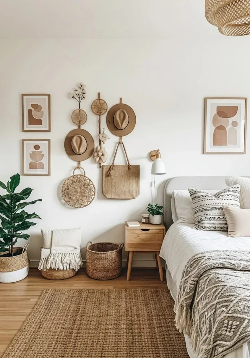 decorative hooks on a wall displaying hats, scarves, and tote bags artistically 1