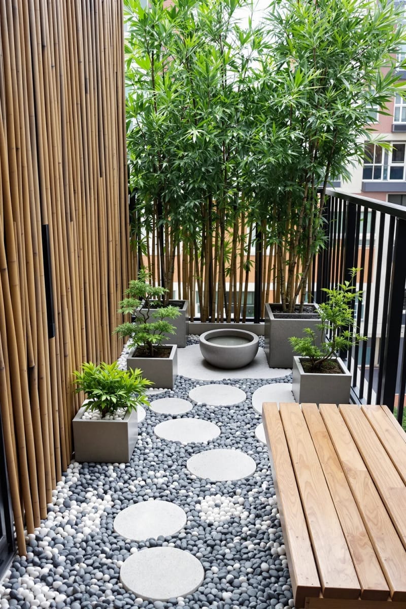 design a zen-inspired balcony with bamboo, pebbles, and bonsai trees 1