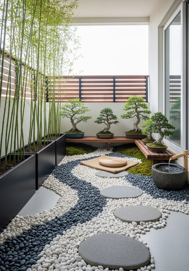 design a zen-inspired balcony with bamboo, pebbles, and bonsai trees 1