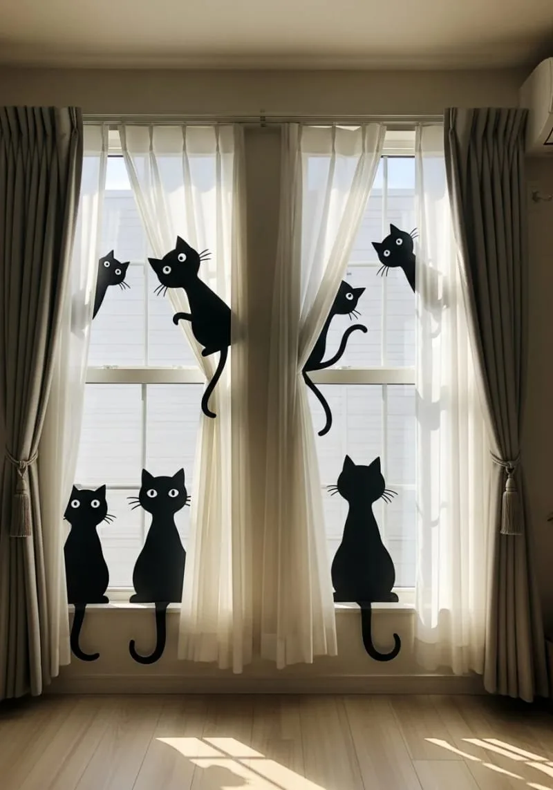 diy black cat silhouettes peeking from behind window curtains 1