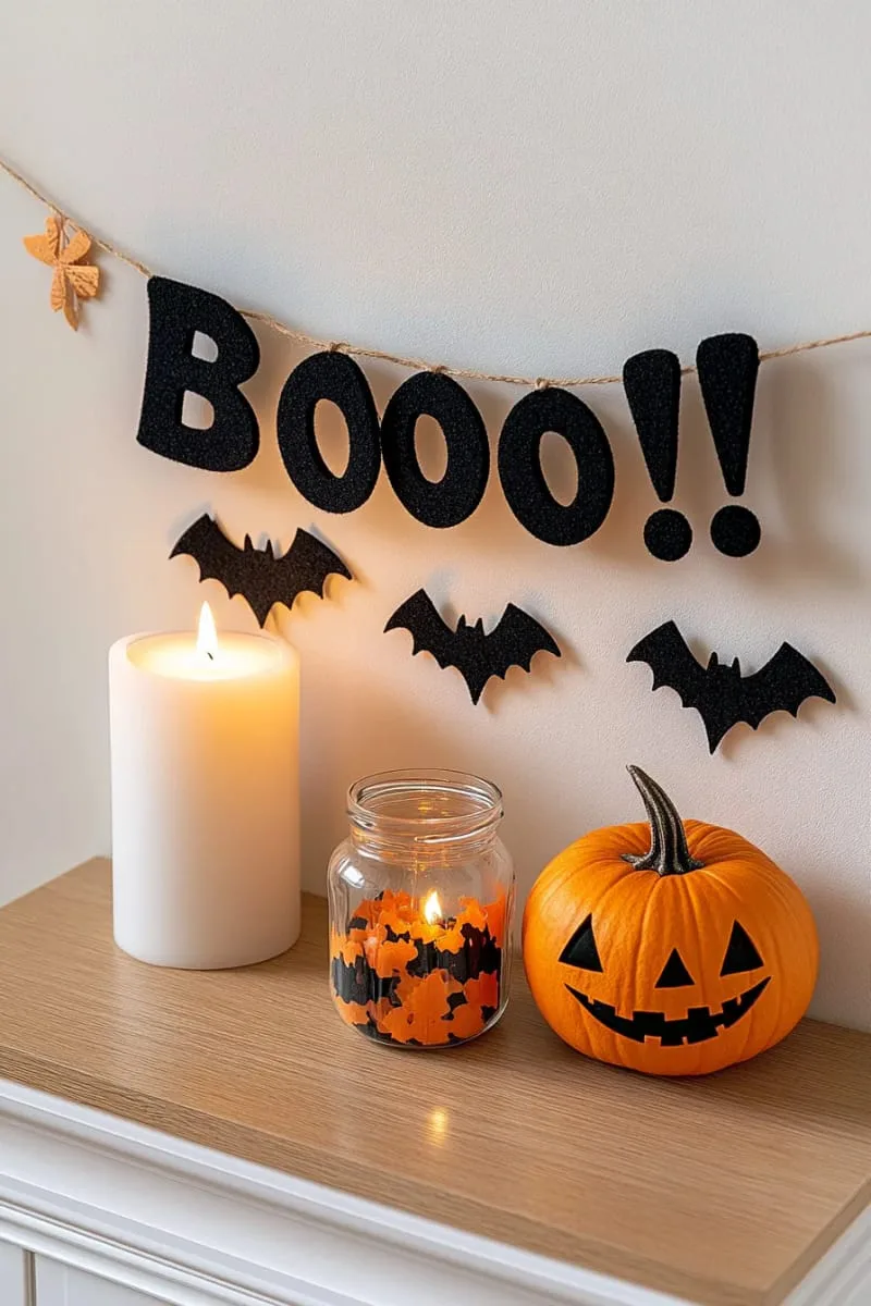 diy “boo!” banners with felt letters and mini bats 1