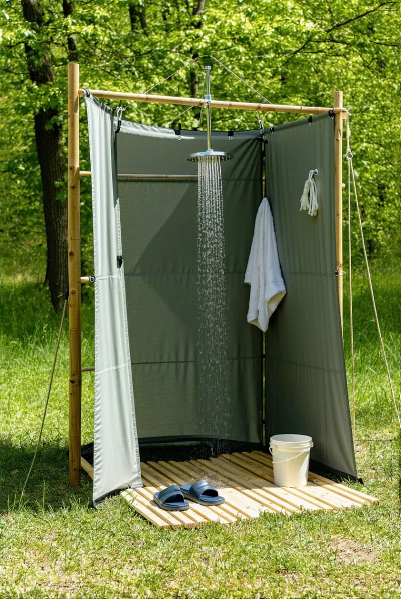 diy camping-style portable shower with canvas enclosure and wood slat mat 1