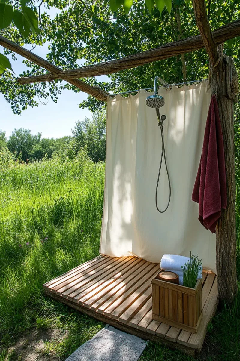diy camping-style portable shower with canvas enclosure and wood slat mat 1