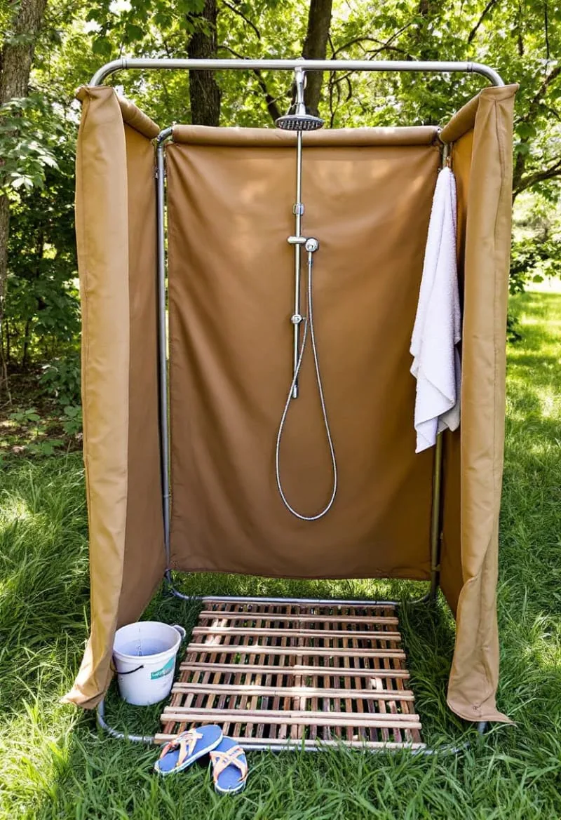 diy camping-style portable shower with canvas enclosure and wood slat mat 1