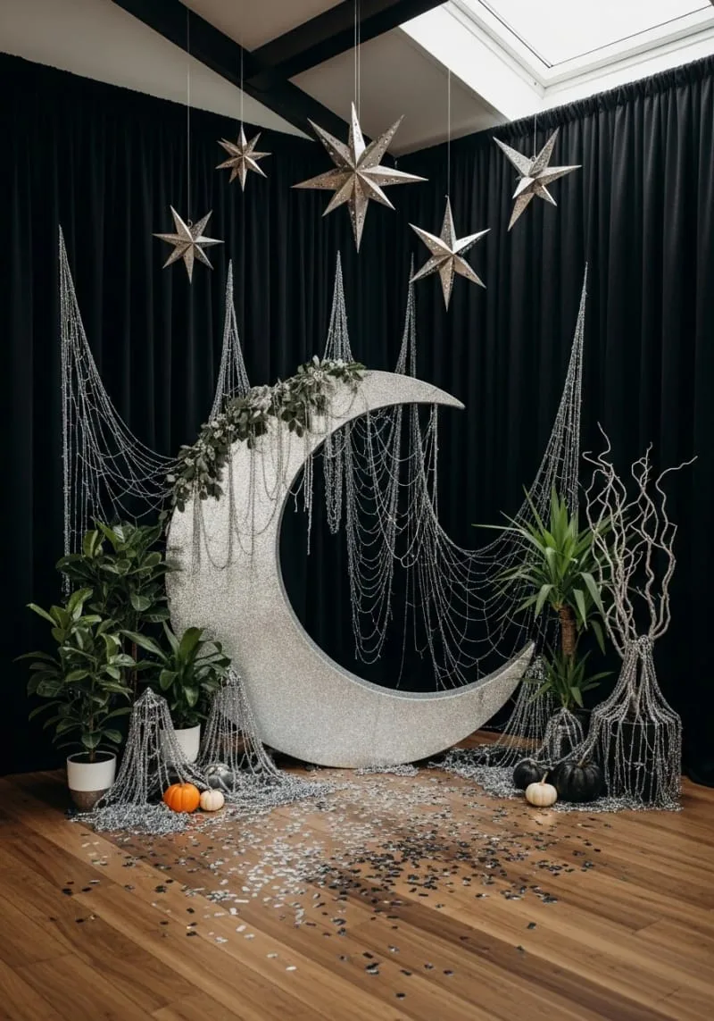 diy crescent moon photo booth with shimmering silver cobwebs 1